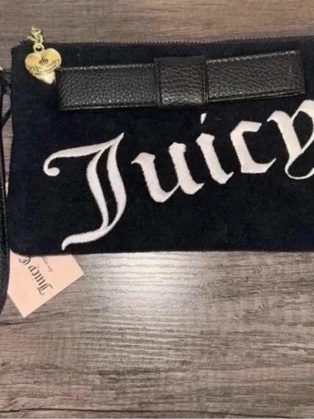 Juicy Couture Black Velvet Wristlet with White Logo and Gold Heart Charm